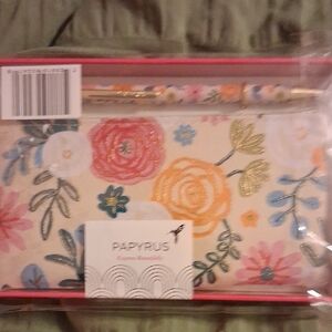 Papyrus Floral Pouch and Pen Set with Pink and Gold Accents